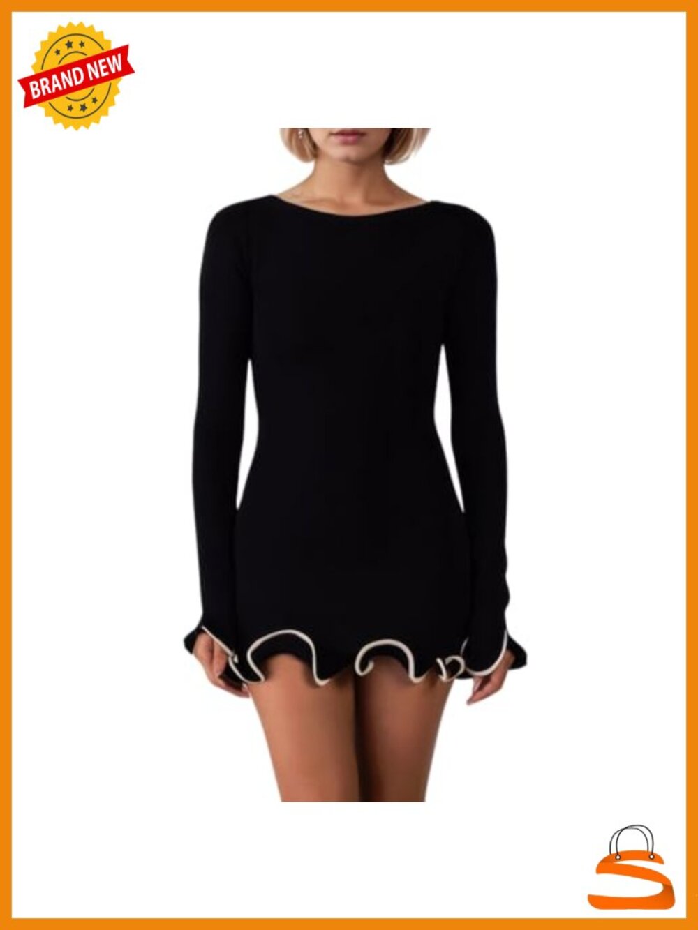 Elegant Ruffle Hem Knit Mini Dress Long Sleeve Bodycon Sweater Dress Fall